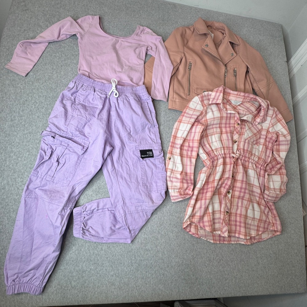 Girls Pink Moto Jacket Plaid Shirt Dress Cargo‎ Pants Outfit Set 7-8